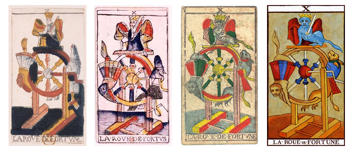 Four versions of the Wheel of Fortune trump of the Marseilles Tarot